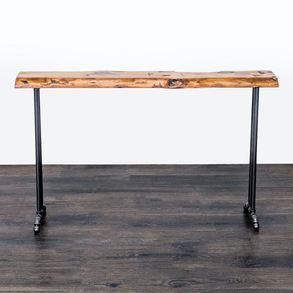 1. Rectangular console table with a live edge wooden top and black metal pipe legs, shown on a dark floor.