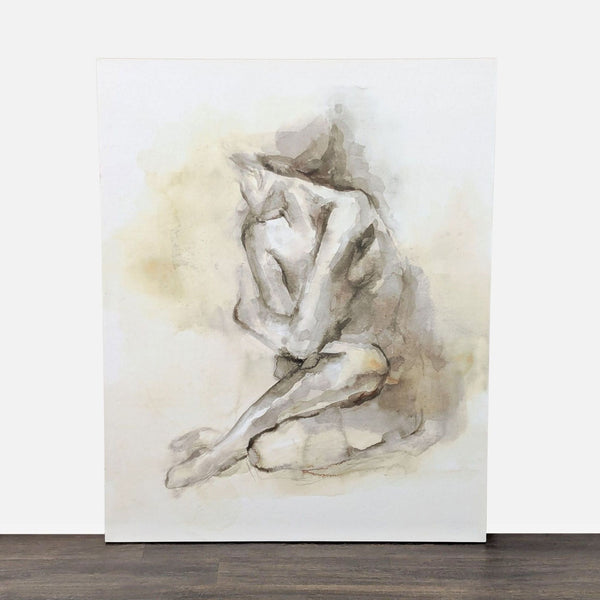 Watercolor painting of a nude figure seated thoughtfully, rendered in soft earth tones on canvas.