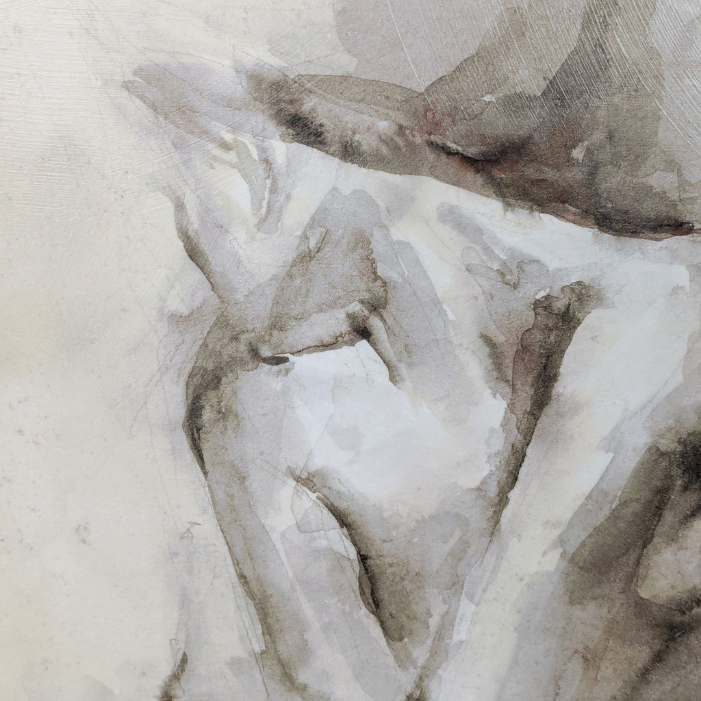 Minimalist nude watercolor art showing a calm, expressive seated figure in subtle, blended shades.