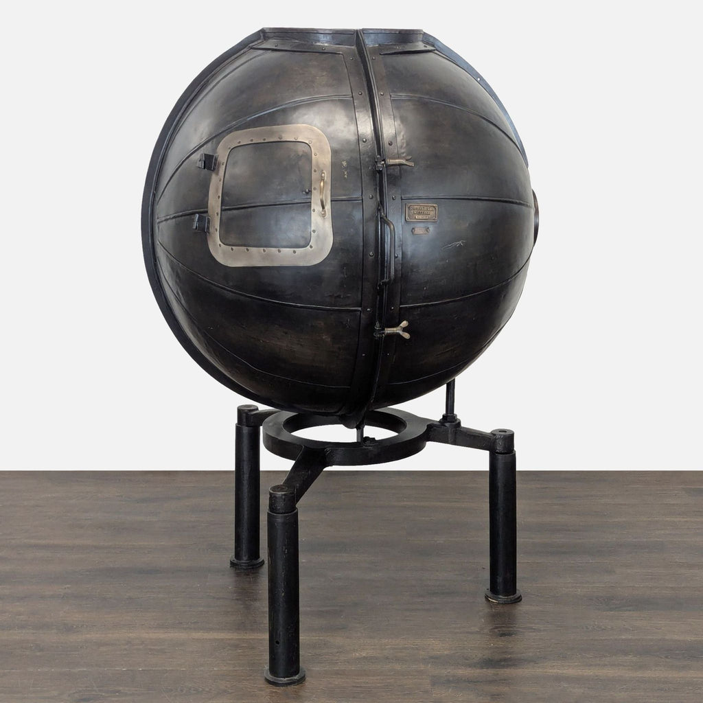 Industrial iron bar cart by Restoration Hardware, featuring 3 shelves, 3 glass racks, and 7 bottle slots on tripod base.