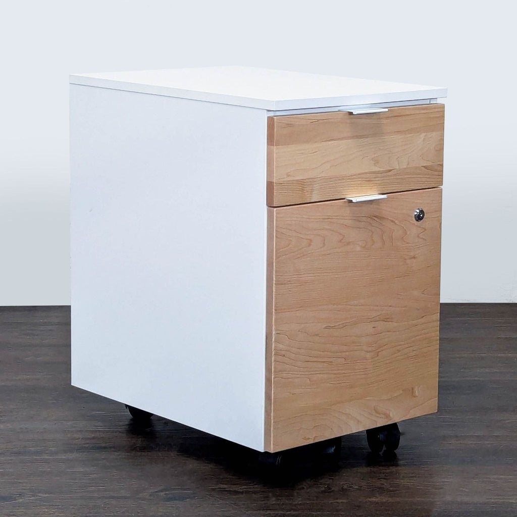 Contemporary cabinet featuring two drawers, lockable storage, smooth wheels, and a stylish wood-white design.