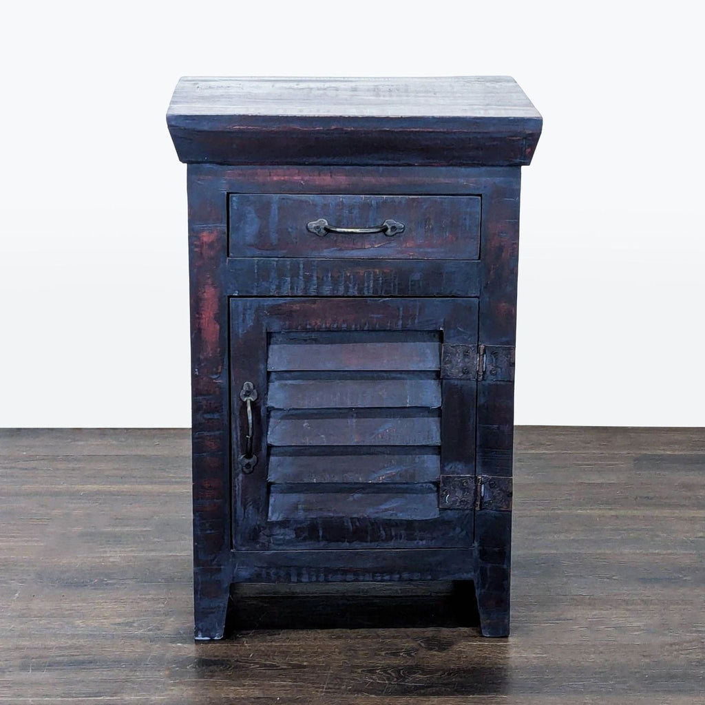 End table with Louvre-style door and interior shelf, shown in a modern setting.