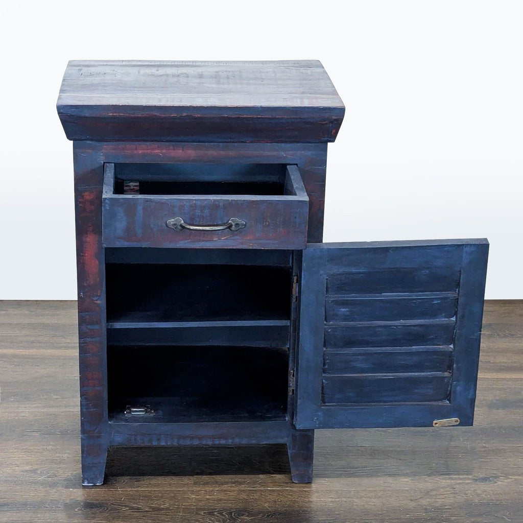 Side table featuring a Louvre door design and an internal storage shelf, suitable for living rooms.