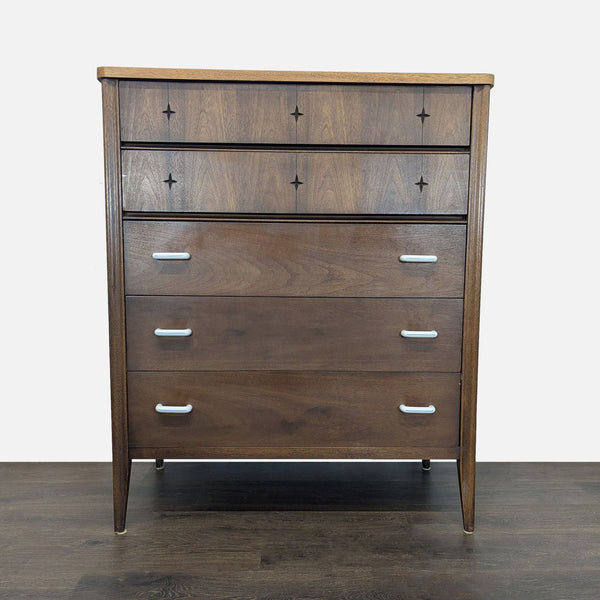 Mid-century modern Broyhill dresser with five drawers, clean lines, and metal handles for bedroom storage.
