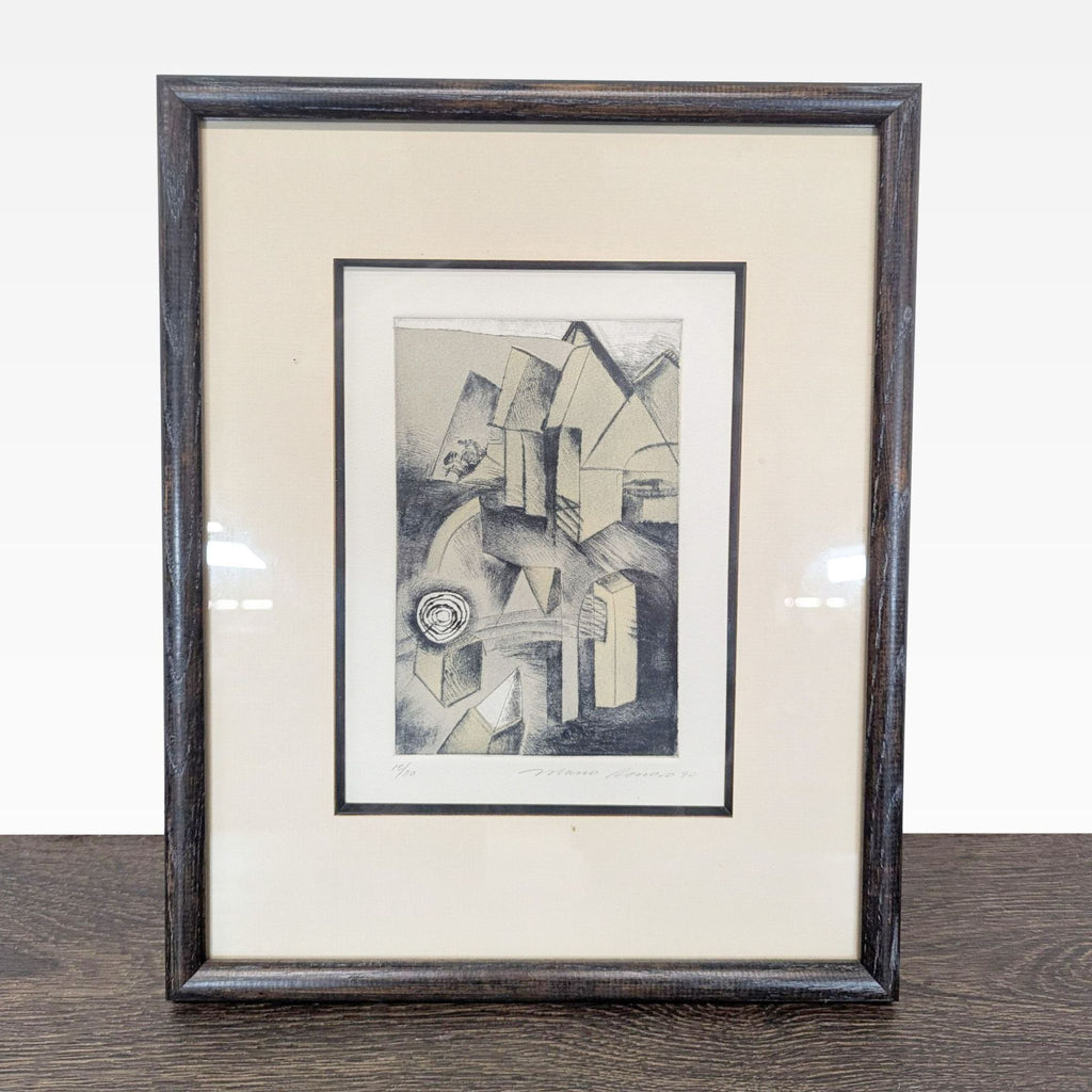 Limited edition abstract print by Mario Romero, featuring geometric forms, framed and signed, numbered 15/20.