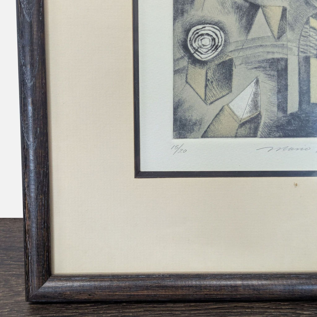 Modern geometric art print by Mario Romero, professionally matted and framed, with artist’s signature and numbering.