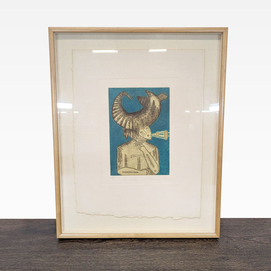 1. Framed limited edition Mario Romero aquatint print featuring a surreal blue and beige abstract design.
