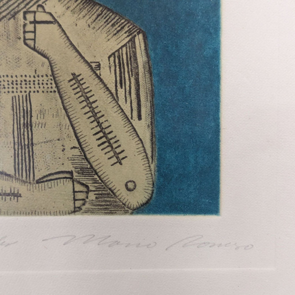 2. Close-up of the signed Mario Romero aquatint print showing surreal details and artist signature on the border.