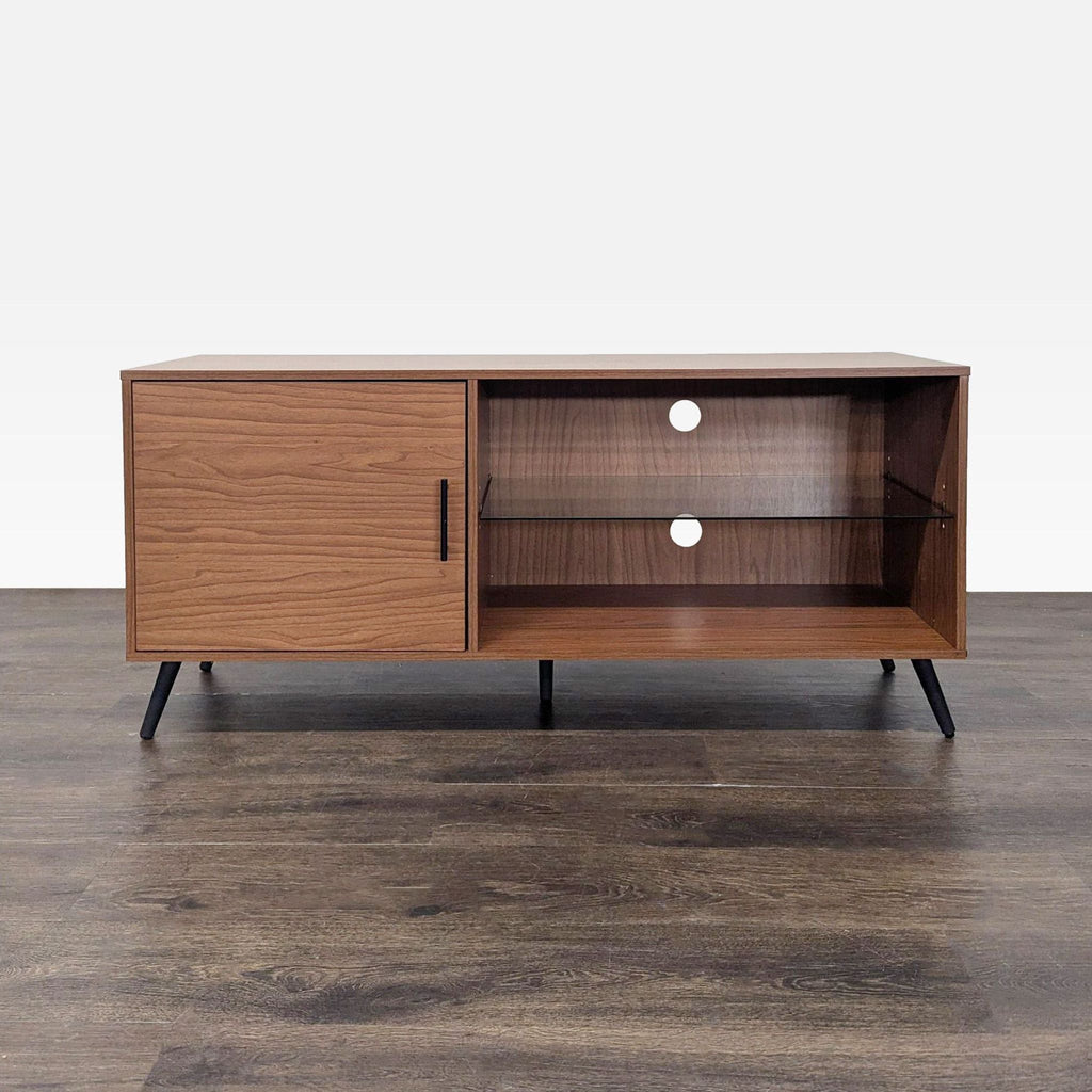 Walker Edison entertainment center made of MDF with glass doors and metal frame.  