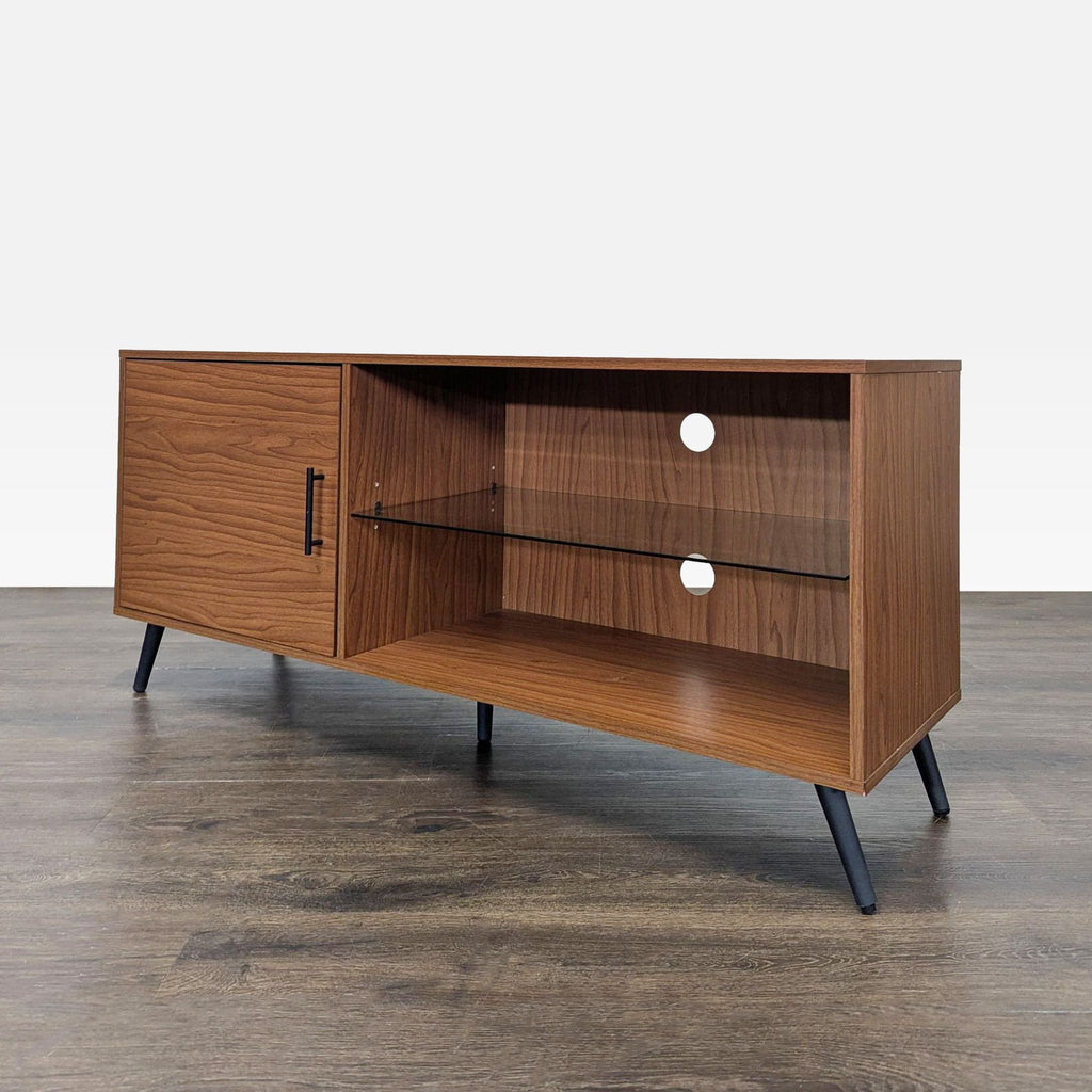 Sleek MDF and glass Walker Edison TV stand, featuring powder-coated metal accents.