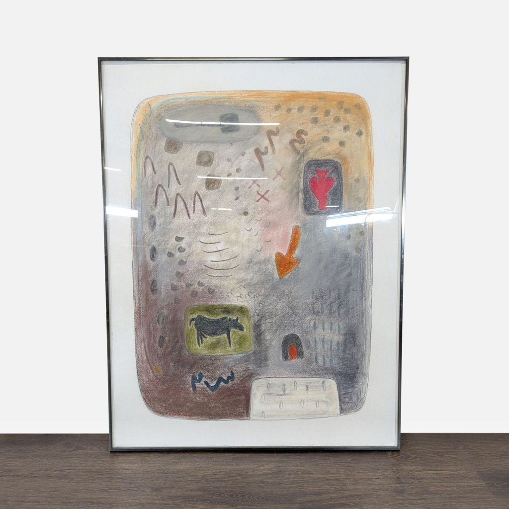 Abstract pastel artwork with soft colors, featuring a stylized animal, arrows, and geometric shapes, signed Turaj.  