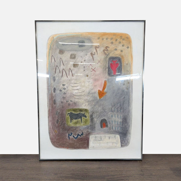Abstract pastel artwork with soft colors, featuring a stylized animal, arrows, and geometric shapes, signed Turaj.  