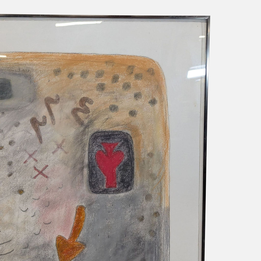 Framed Abstract Pastel Drawing by Taraj with Animal and Symbolic Motifs