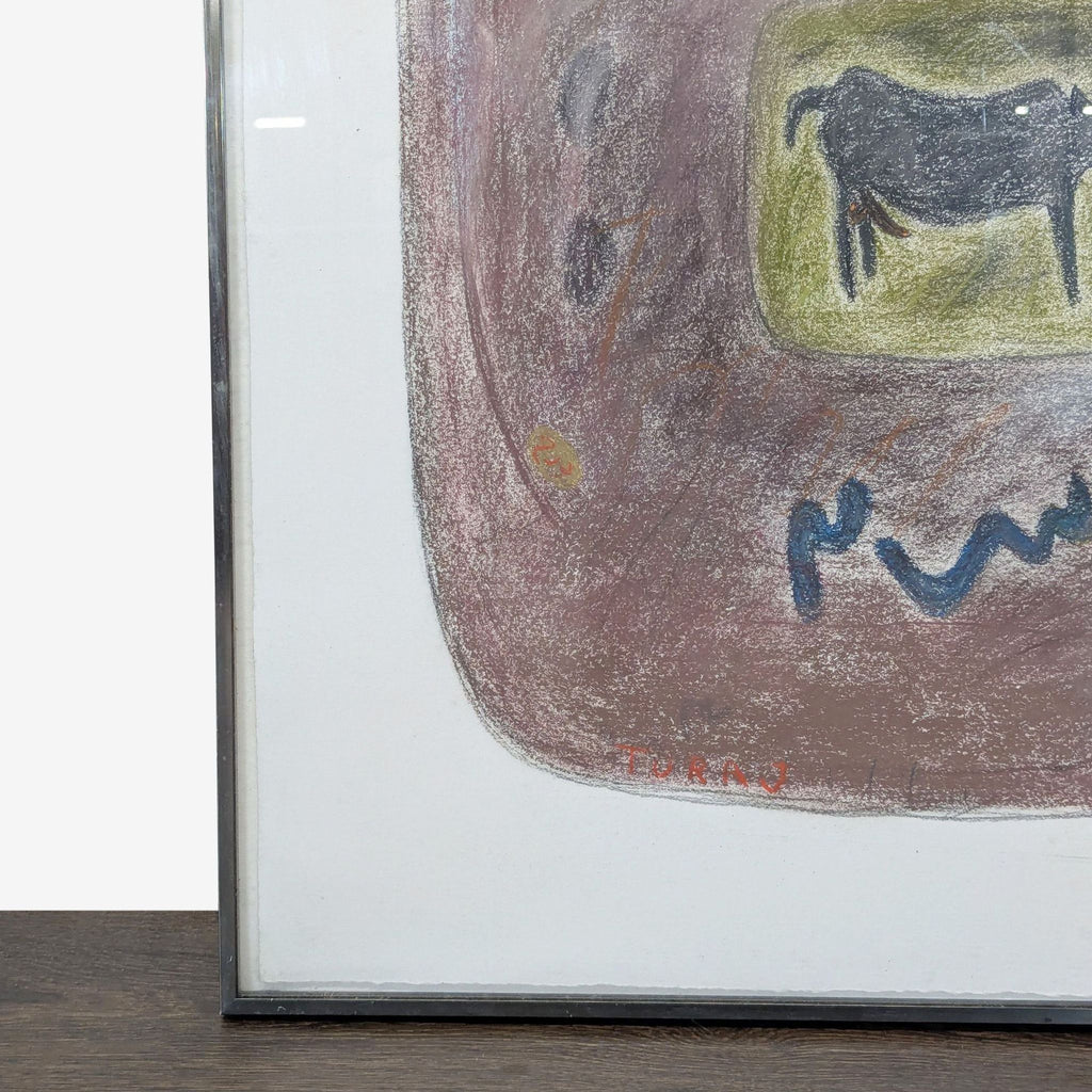 Framed drawing by Turaj, displays pastel patterns, bold symbols, and a unique animal motif in an abstract composition.  