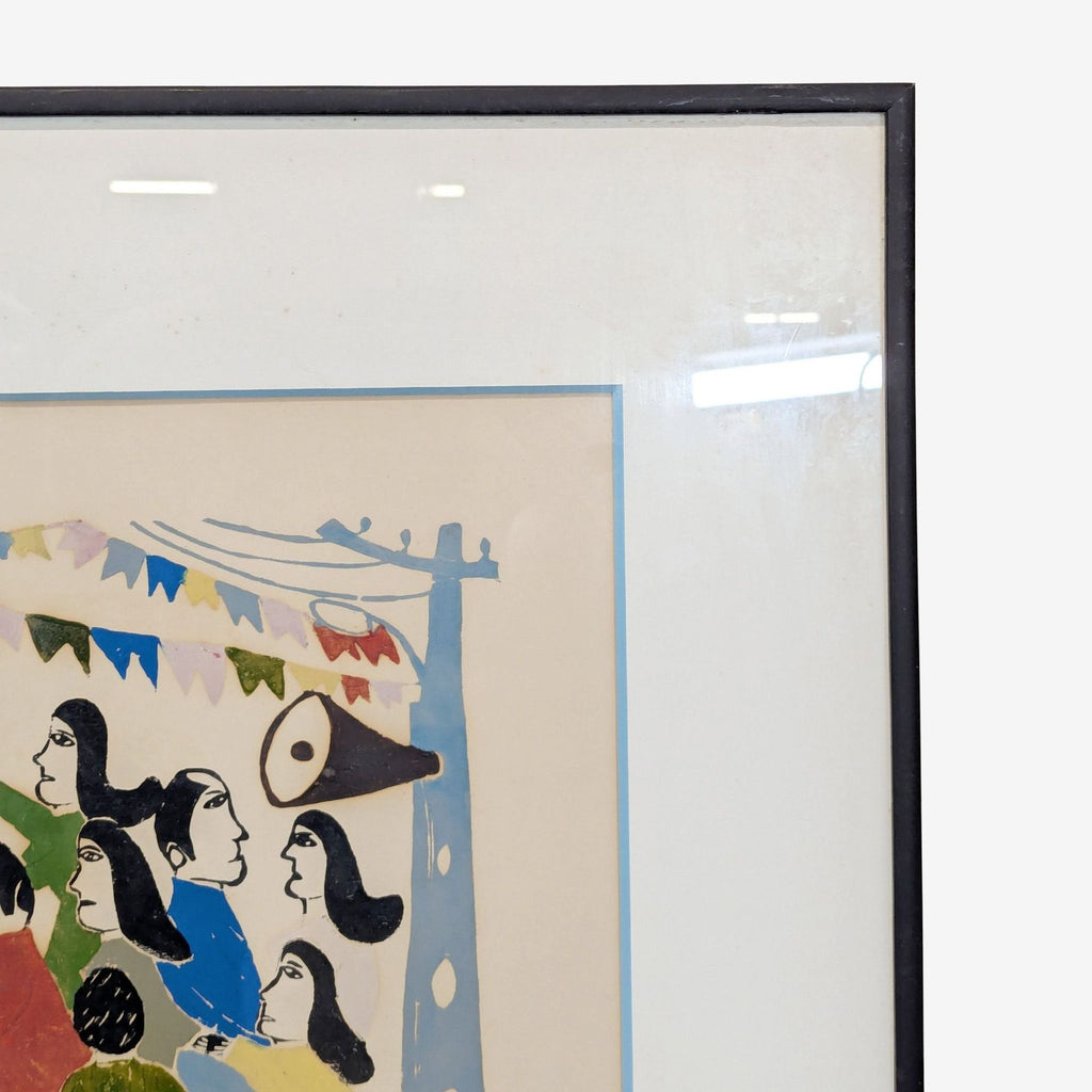 1. Framed print of stylized people under bunting and a megaphone, with geometric shapes and pastel colors.
