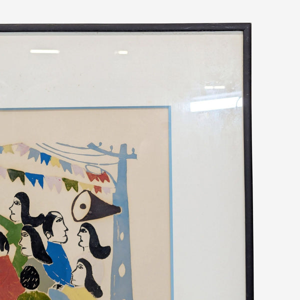1. Framed print of stylized people under bunting and a megaphone, with geometric shapes and pastel colors.