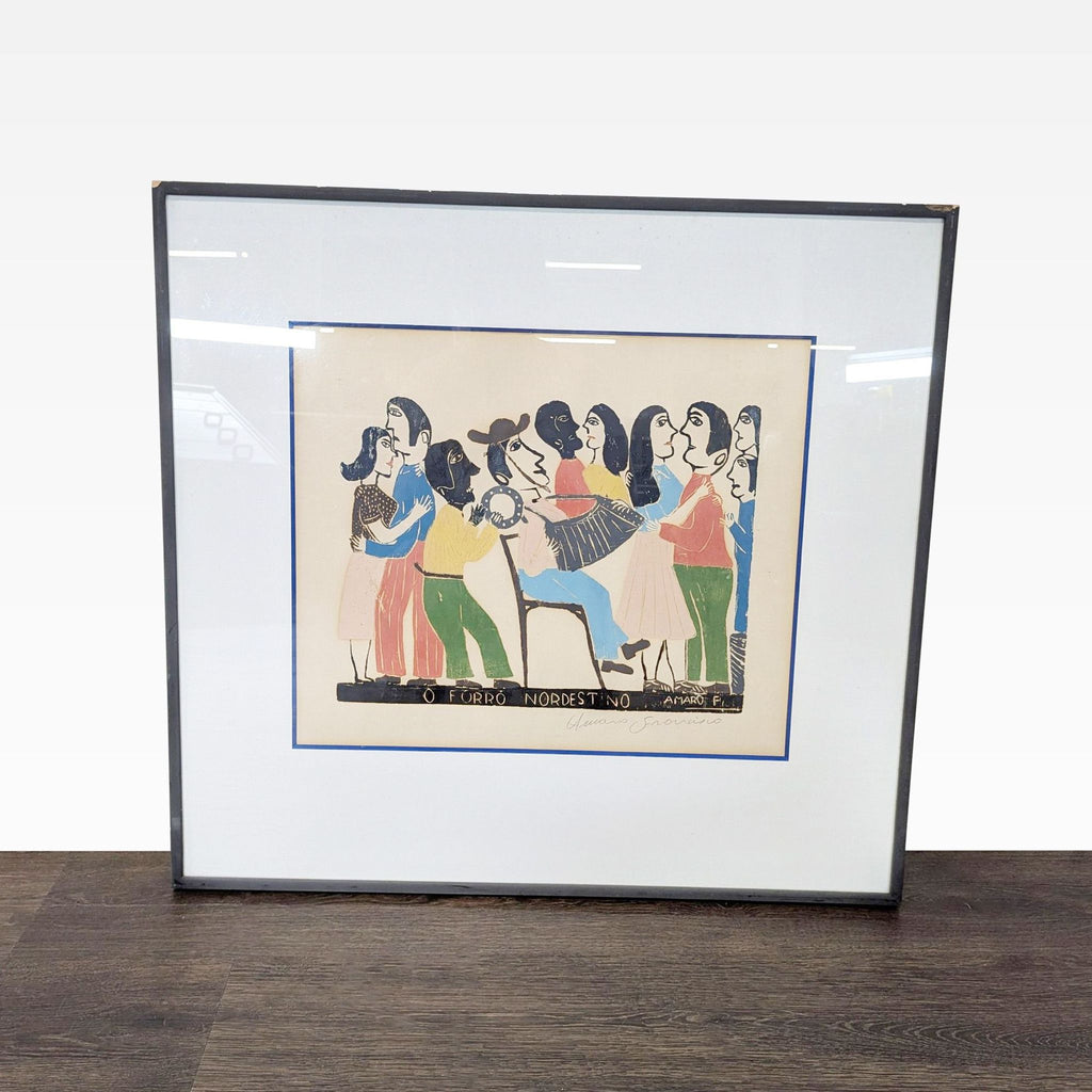 Framed folk art print by Amaro Francisco showing joyful dancers and musicians in vibrant colors, titled "O Forró Nordestino".