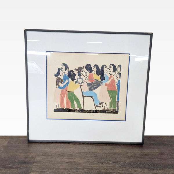 Framed folk art print by Amaro Francisco showing joyful dancers and musicians in vibrant colors, titled "O Forró Nordestino".