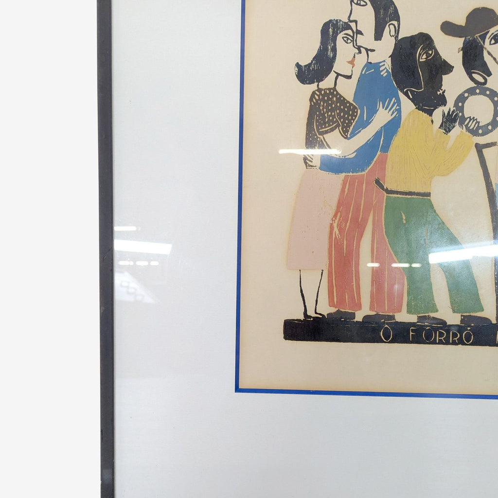 Colorful Brazilian folk art by Amaro Francisco, featuring people dancing and playing music, framed and ready to hang.