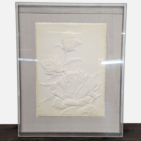Embossed botanical rose relief art by Carole Gerst Katz in acrylic shadowbox frame, modern organic style.