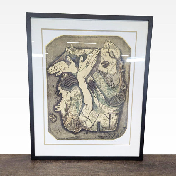 Framed abstract drawing with hand motifs and map patterns, professionally matted and signed.  