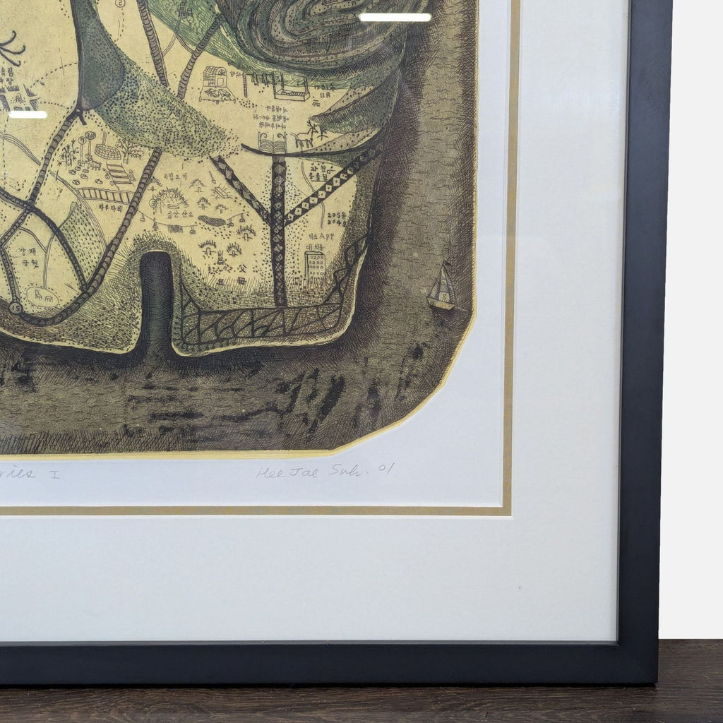 Modern artwork with detailed hands and abstract shapes, signed and ready to hang in a black frame.  