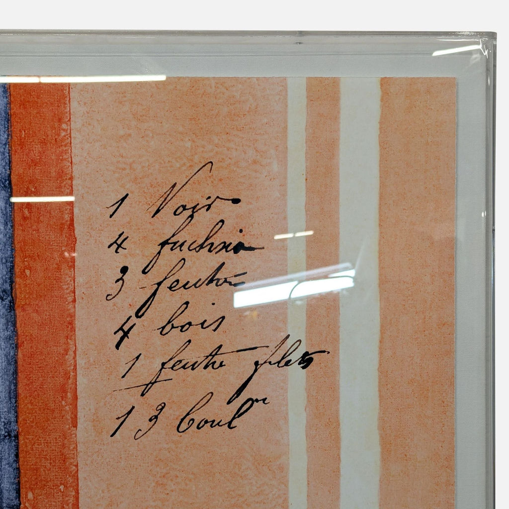 Contemporary painting with layered pastel and dark stripes, handwritten accents, in modern floating lucite presentation.  