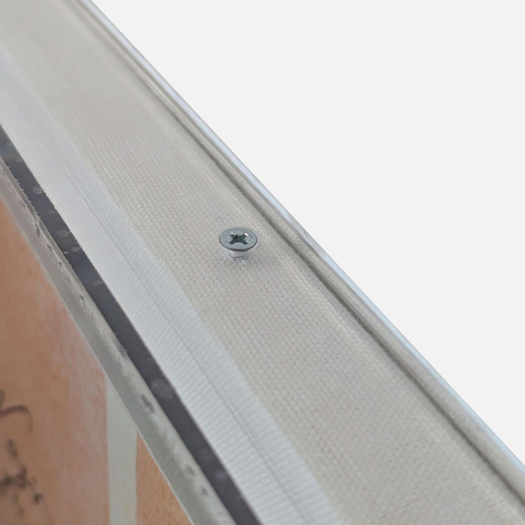 Minimalist drawing with warm neutral bands and cursive script, set in a sleek, transparent acrylic gallery frame.