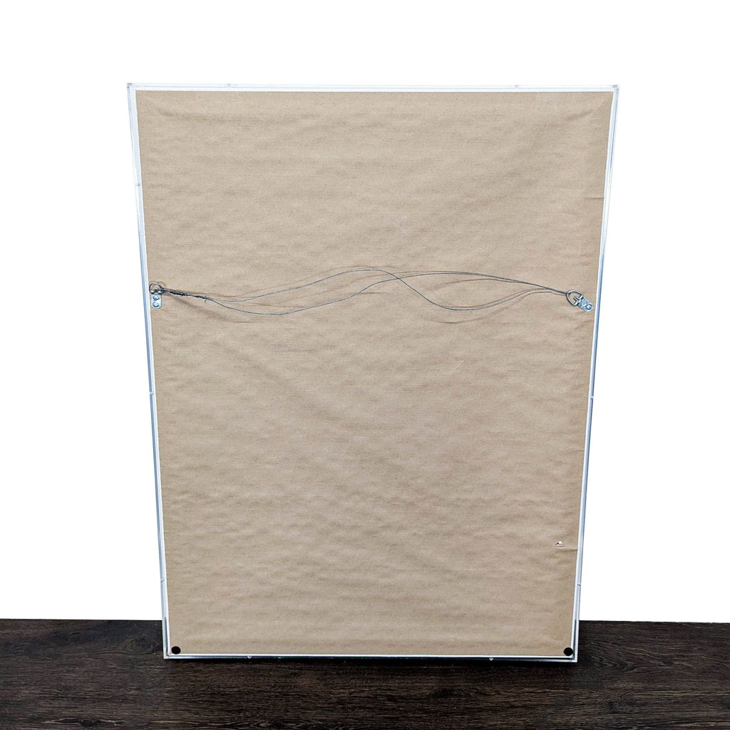 Modern abstract drawing with navy, green, ivory stripes, and central script, in a floating acrylic frame.