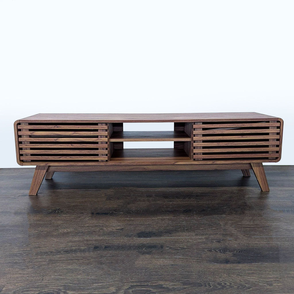 Mopio MDF entertainment center with sliding slatted doors and adjustable shelf, modern minimalist style.