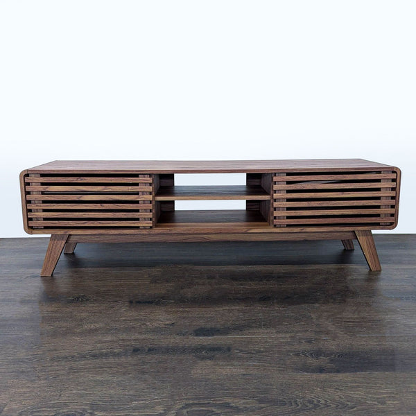 Mopio MDF entertainment center with sliding slatted doors and adjustable shelf, modern minimalist style.