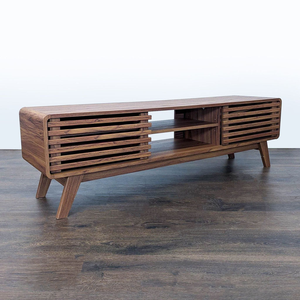 Sliding slatted-door MDF stand by Mopio, featuring an adjustable shelf, designed as an entertainment center.