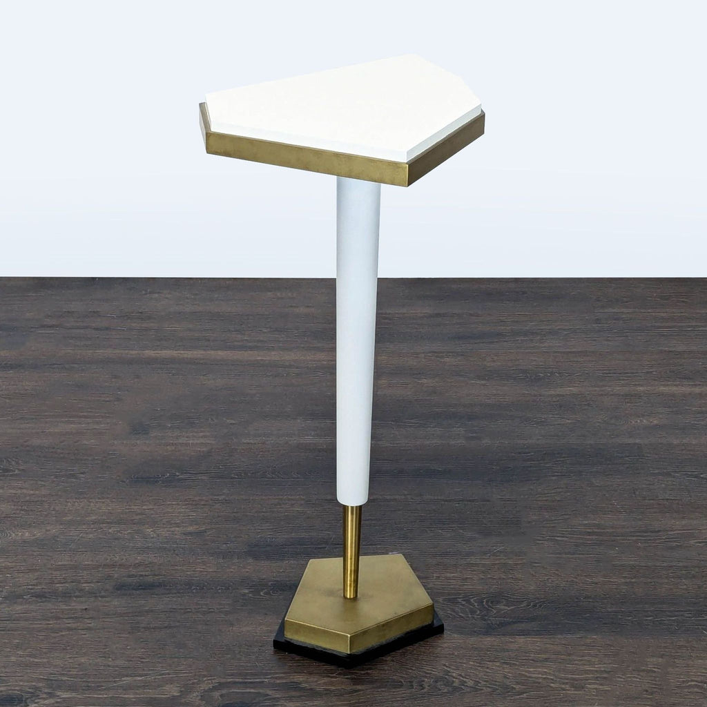 1. Modern side table with a white pentagon top, gold accent edge, tapered white leg, and gold pentagon base.