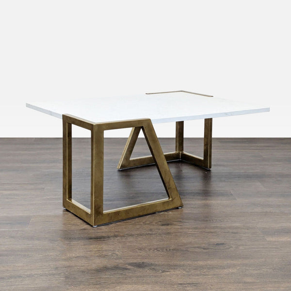 1. Modern Century Furniture coffee table with a white top and warm brass metal sled legs on wood flooring.  