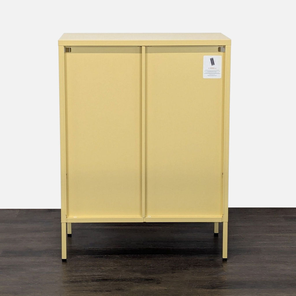 Powder-coated steel Mustard cabinet with fluted glass front, sides, and dual adjustable shelves.