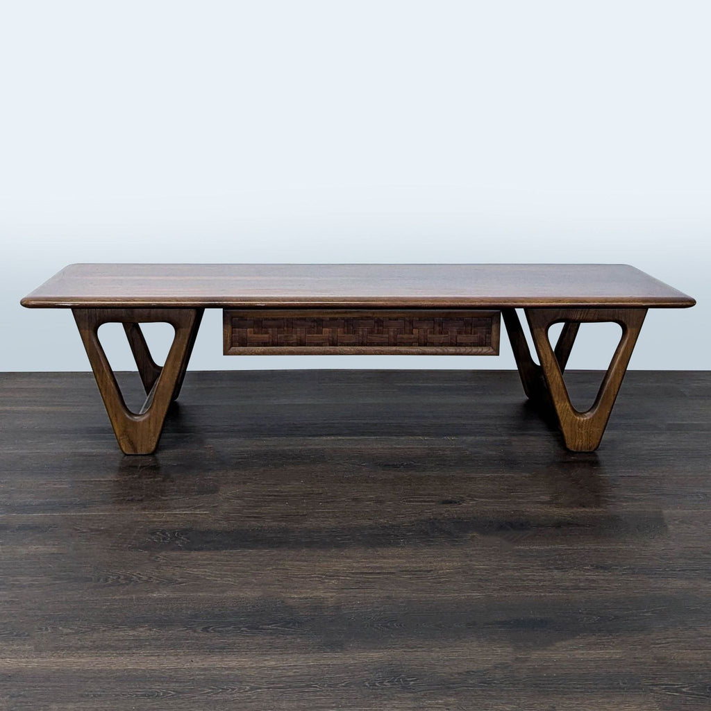 Lane Mid-Century walnut coffee table from the 1970s with a single woven-pattern drawer.