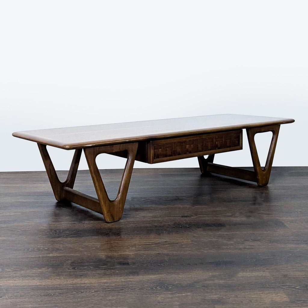 Vintage Mid-Century coffee table by Lane, walnut finish, and one distinctive woven-style drawer.