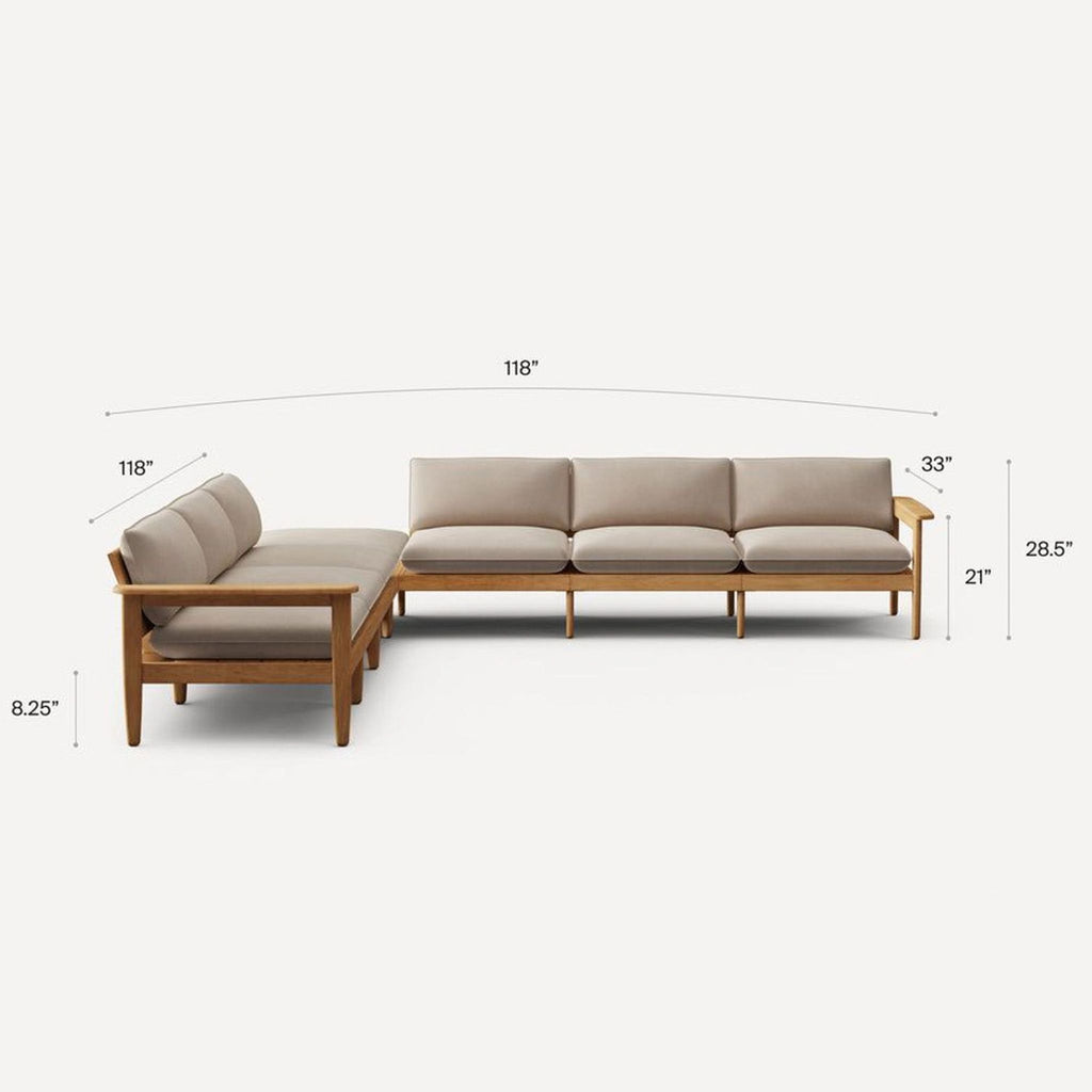 Burrow sectional, 118” x 118”, features a sleek design, plush cushions, and sturdy wooden frame in neutral color.  