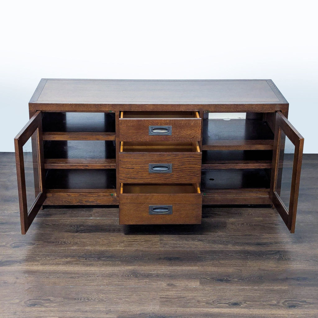 Restoration Hardware console featuring mission design, interior shelves, three drawers, and two glass doors.