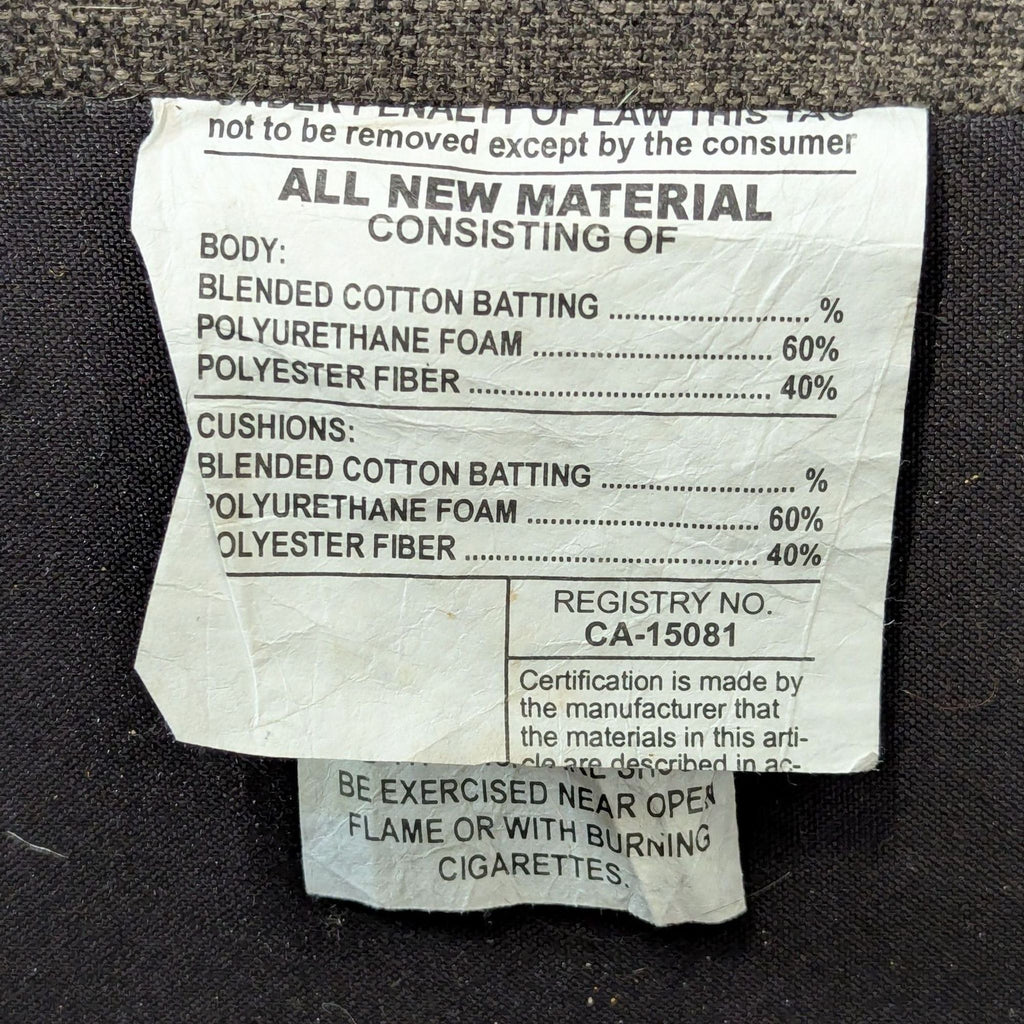 3. Fabric composition tag for a 3-seat sofa, listing polyurethane foam and polyester fiber materials.