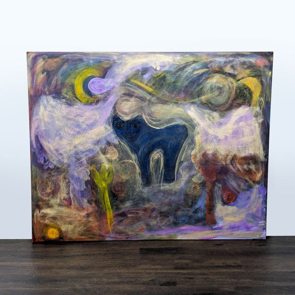 1. Abstract painting with a mysterious blue creature and swirling, colorful dreamlike background; expressive and vibrant art.  