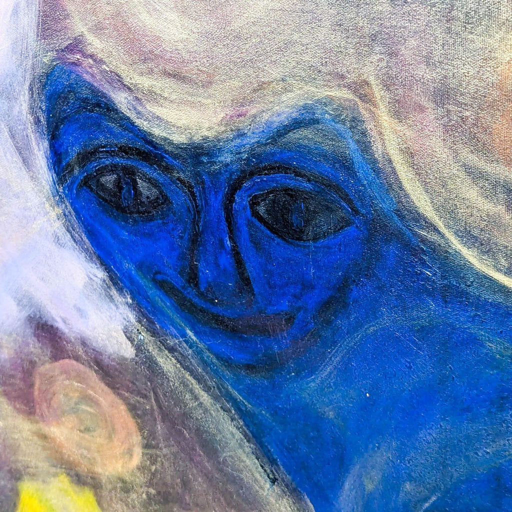2. Close-up of the blue creature’s expressive face in the painting, highlighting rich colors and textured brushwork.  