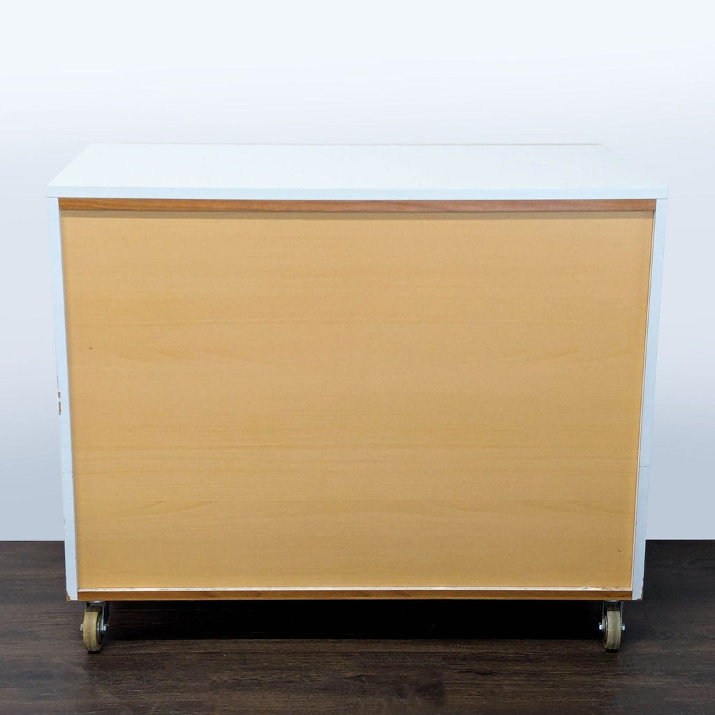 Modern White 4-Drawer Dresser with Frosted Top Drawer and Wheels
