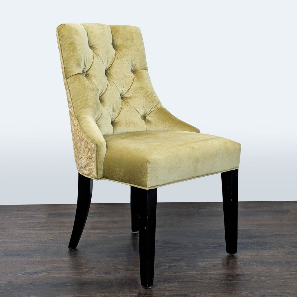 Dining chair with a plush velvet seat, decorative cut-velvet back, and classic wood legs.