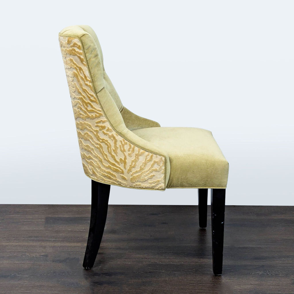 Modern dining chair featuring soft velvet upholstery, textured back, and sturdy wood legs.  