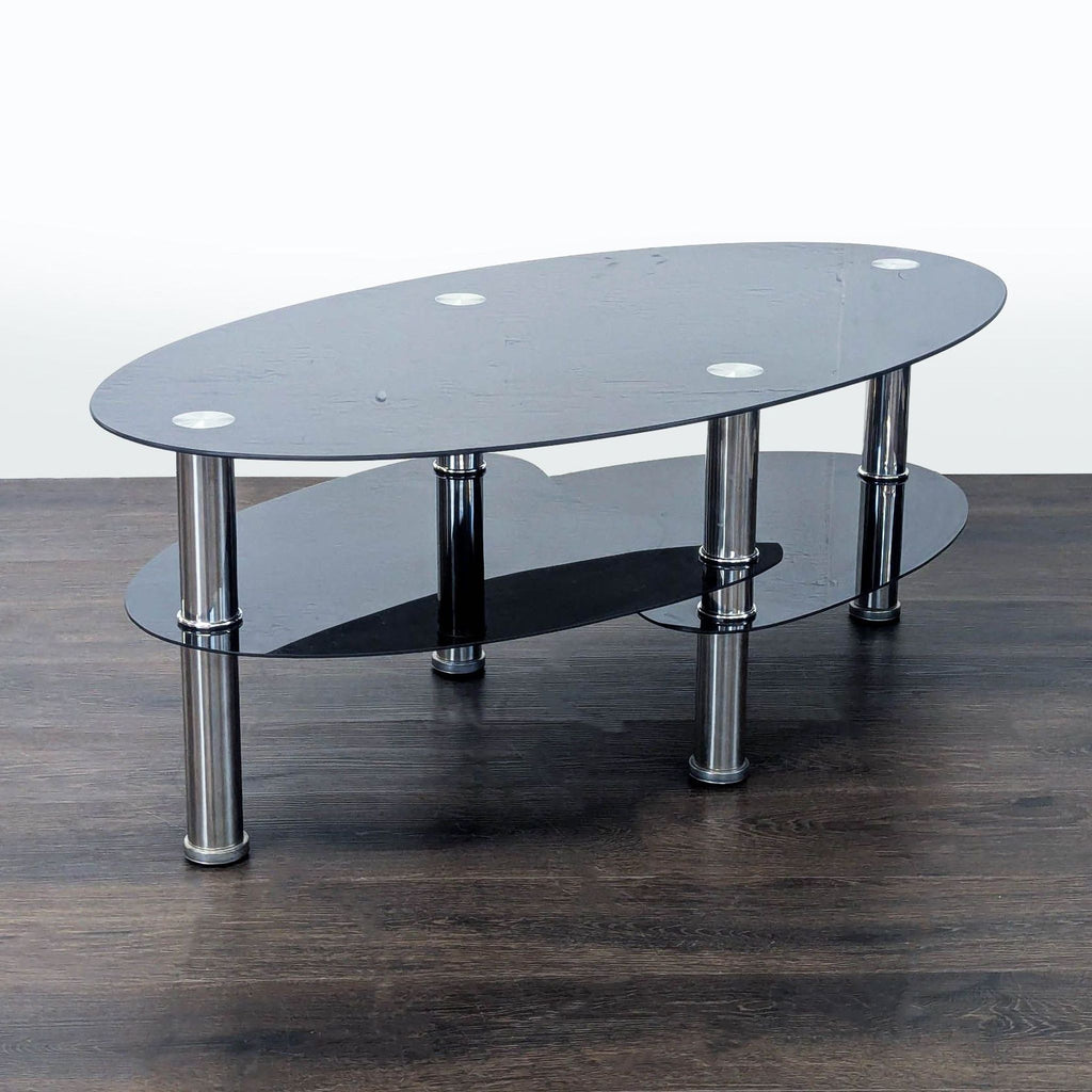 2. Sleek black glass coffee table featuring chrome cylindrical legs and two-tier shelves on a wooden floor.