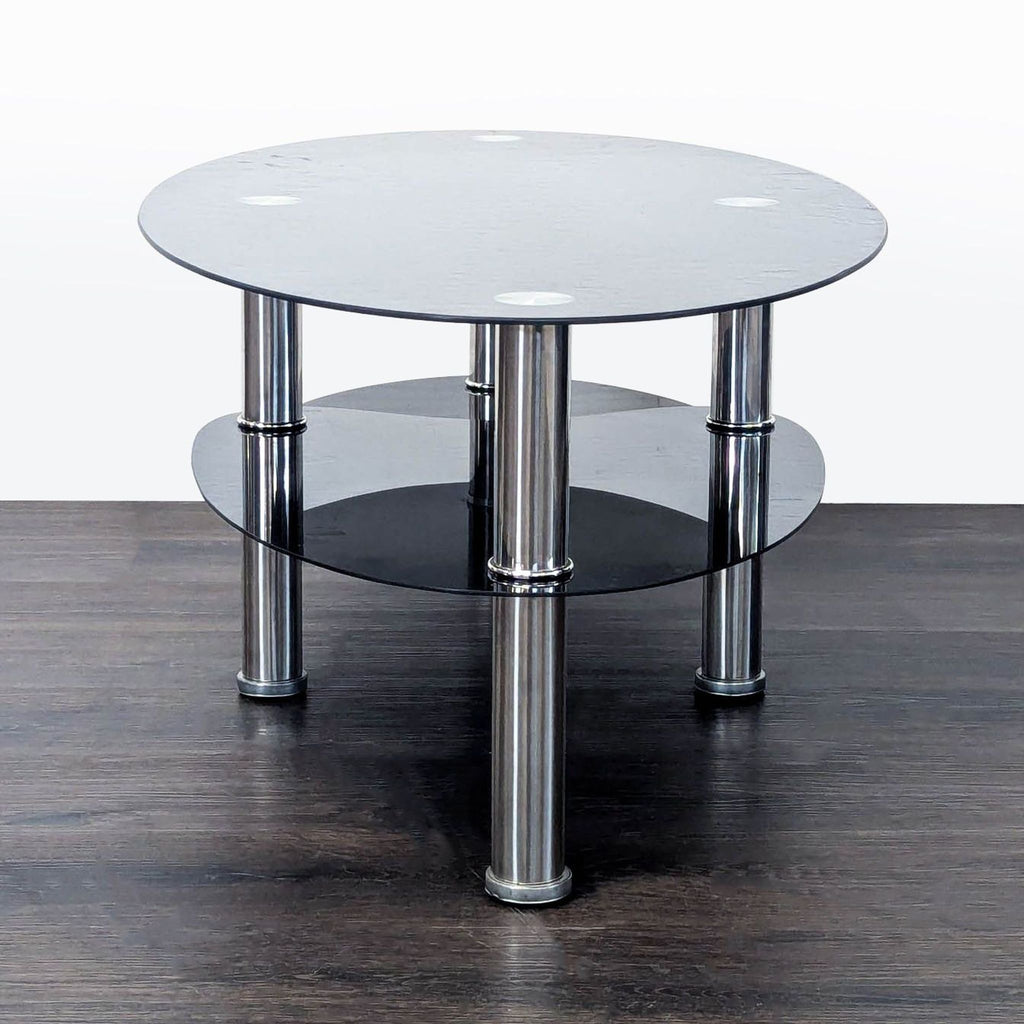 3. Contemporary round glass coffee table with chrome pillars and two shelves, placed on a dark floor.