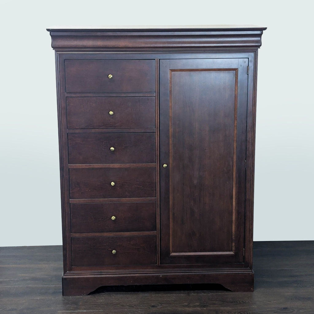 1. Dark wood HPL dresser with six drawers and a side cabinet, featuring round brass knobs for storage.