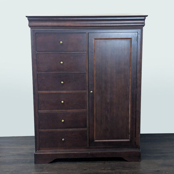 1. Dark wood HPL dresser with six drawers and a side cabinet, featuring round brass knobs for storage.
