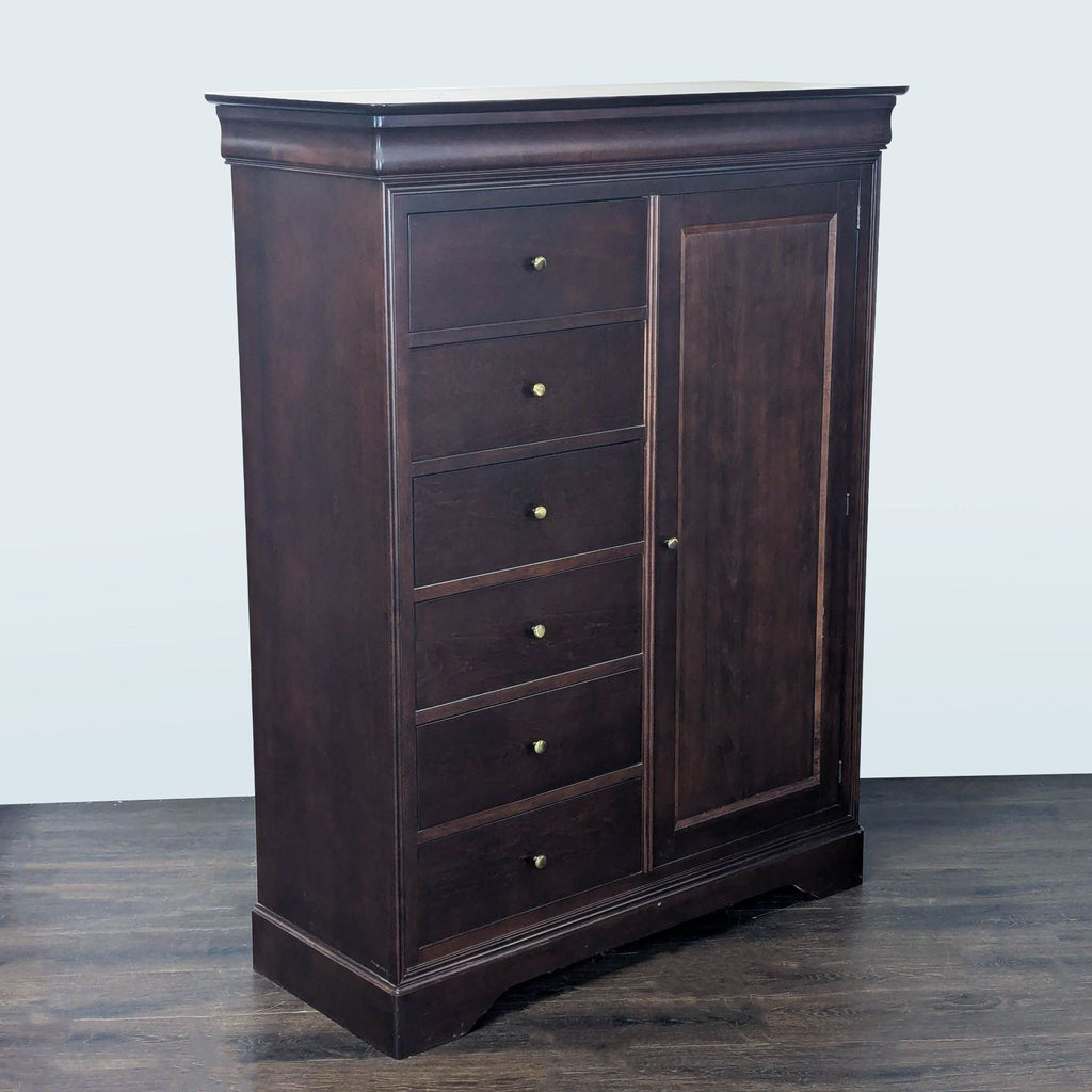 3. Angled view of HPL dark wood dresser, highlighting its classic design, six drawers, and side storage cabinet.